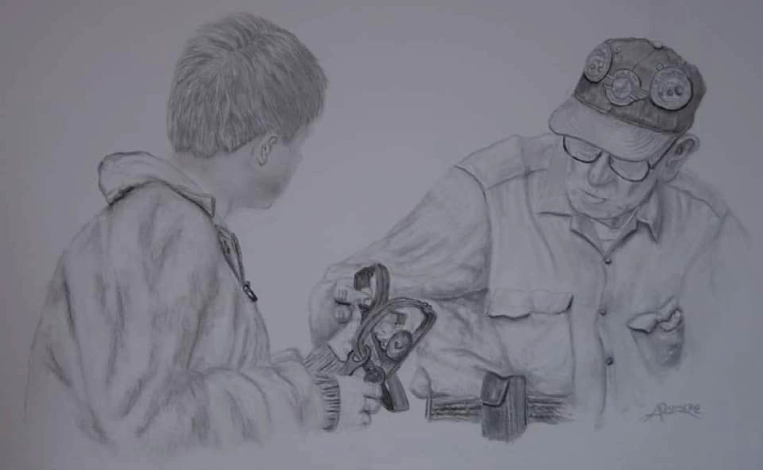 A pencil sketch by Adrian Romero depicting an old verteran teaching trapping to a young boy